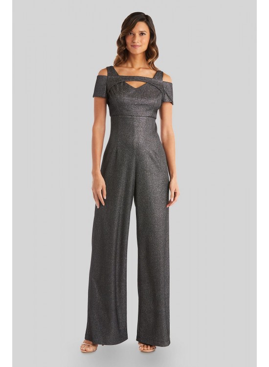 V-Neck Shimmer Jumpsuit with Cold-Shoulder Cutouts Morgan and Co 21959