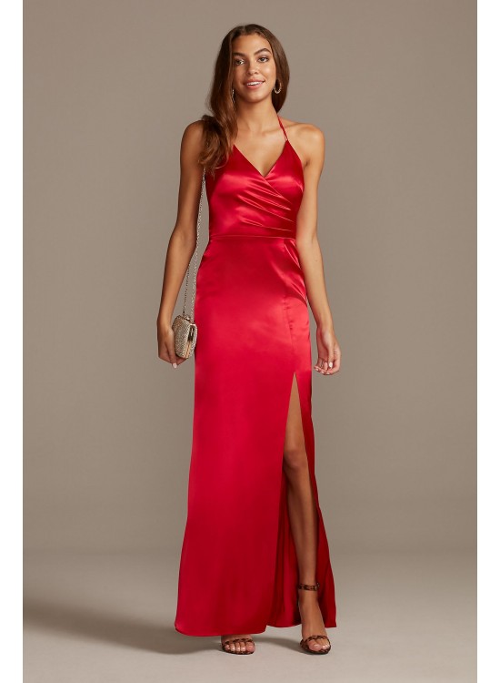 Wrap Halter Long Satin Dress with Skirt Slit Morgan and Co 12765D