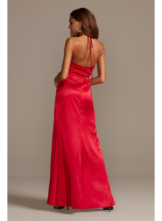 Wrap Halter Long Satin Dress with Skirt Slit Morgan and Co 12765D